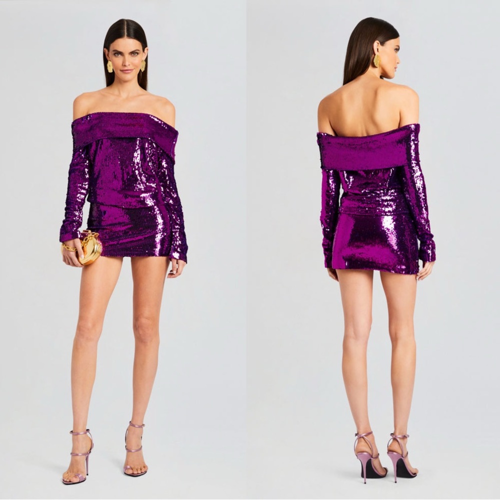 Retrofete NWT Purple Sequin Off the Shoulder Wyn Mini Dress Size XS